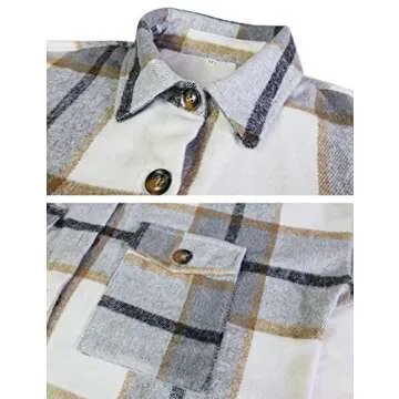 Omoone Women's Flannel Plaid Shacket Fall Oversized Long Button Down Shirt Jacket Shackets(Light Grey-S)