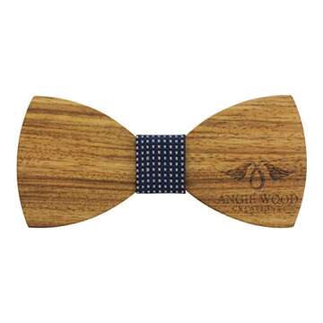 Angie Wood Creations Large Round Zebrawood Bow Tie with Dotted Dark Blue Centre - Adult Size