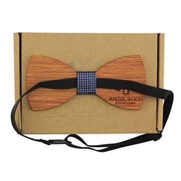 Angie Wood Creations Large Round Zebrawood Bow Tie with Dotted Dark Blue Centre - Adult Size