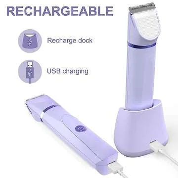 OLOV Electric Body Hair Trimmer - Groin Trimmer for Men - Bikini Trimmer Women - Wet/Dry Shaver Groomer, Replaceable Ceramic Blade Heads, USB Recharge Dock, Waterproof Hygiene Razor,Purple