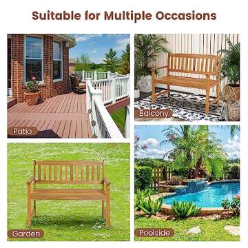 HAPPYGRILL Patio Wood Bench with Ergonomic Backrest & Armrest, 2-Person Outdoor Bench, All-Weather Acacia Wood Frame, Loveseat Outside Bench for Garden Balcony Poolside Porch Deck