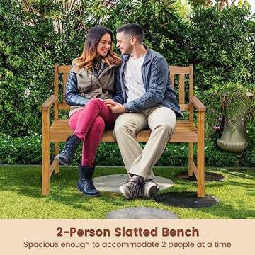 HAPPYGRILL Patio Wood Bench with Ergonomic Backrest & Armrest, 2-Person Outdoor Bench, All-Weather Acacia Wood Frame, Loveseat Outside Bench for Garden Balcony Poolside Porch Deck
