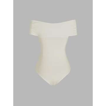 CIDER Women's French Riviera Vacation Solid Off-shoulder Bodysuit: Khaki, X-Large