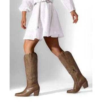 Pasuot Cowboy Boots for Women - Wide Calf Cowgirl Knee High Western Boots with Embroidered, Pointed Toe Chunky Heel Retro Classic Tall Boot Pull On for Ladies Fall Winter Brown US 8