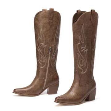 Pasuot Cowboy Boots for Women - Wide Calf Cowgirl Knee High Western Boots with Embroidered, Pointed Toe Chunky Heel Retro Classic Tall Boot Pull On for Ladies Fall Winter Brown US 8