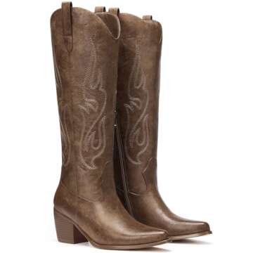 Pasuot Cowboy Boots for Women - Wide Calf Cowgirl Knee High Western Boots with Embroidered, Pointed Toe Chunky Heel Retro Classic Tall Boot Pull On for Ladies Fall Winter Brown US 8