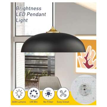 kudos 15 Inch Large LED Pendant Lights, Black and Gold Pendant Light Fixtures, Modern Hanging Lights...