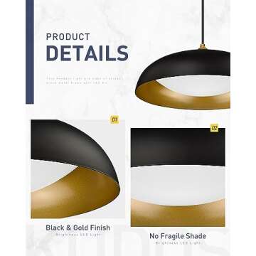 kudos 15 Inch Large LED Pendant Lights, Black and Gold Pendant Light Fixtures, Modern Hanging Lights for Kitchen Island, Dining Room, Living Room, Bedroom, 5CCT Adjustable, KDPL02-BK