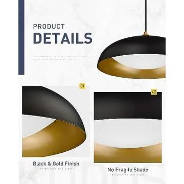 kudos 15 Inch Large LED Pendant Lights, Black and Gold Pendant Light Fixtures, Modern Hanging Lights for Kitchen Island, Dining Room, Living Room, Bedroom, 5CCT Adjustable, KDPL02-BK