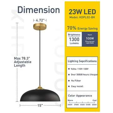 kudos 15 Inch Large LED Pendant Lights, Black and Gold Pendant Light Fixtures, Modern Hanging Lights for Kitchen Island, Dining Room, Living Room, Bedroom, 5CCT Adjustable, KDPL02-BK