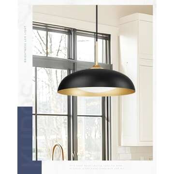 kudos 15 Inch Large LED Pendant Lights, Black and Gold Pendant Light Fixtures, Modern Hanging Lights for Kitchen Island, Dining Room, Living Room, Bedroom, 5CCT Adjustable, KDPL02-BK