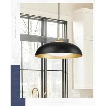 kudos 15 Inch Large LED Pendant Lights, Black and Gold Pendant Light Fixtures, Modern Hanging Lights for Kitchen Island, Dining Room, Living Room, Bedroom, 5CCT Adjustable, KDPL02-BK