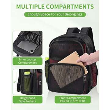 MAY TREE Mesh Backpack Heavy Duty Big Mesh Bag Large Capacity for Travel Beach Hiking Outdoor Sports with Paded Strap, Black