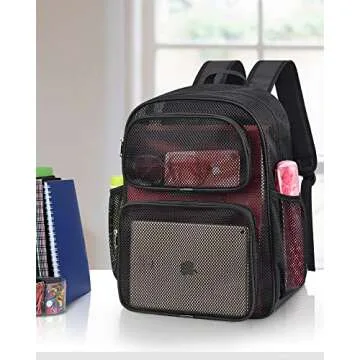 MAY TREE Mesh Backpack Heavy Duty Big Mesh Bag Large Capacity for Travel Beach Hiking Outdoor Sports with Paded Strap, Black