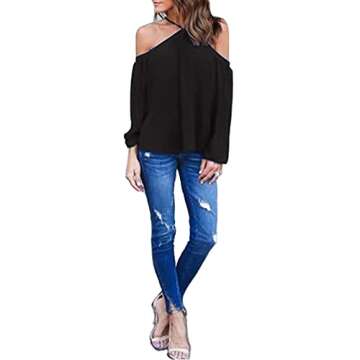 Vemvan Womens Off The Shoulder Blouse Spaghetti Halter Long Sleeve Shirt Sexy Tops Black