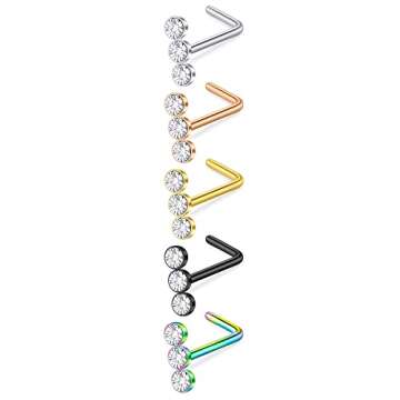 D.Bella 18G Nose Studs Surgical Stainless Steel Nose Rings Studs Diamond L Shaped Nostril Nose Pierc...