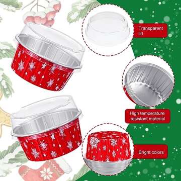 Umigy 100 Pcs Christmas Aluminum Foil Baking Cups with Lids 4.3oz Baking Liner Cups Xmas Disposable Ramekins Muffin Tins Cupcake Baking Pan Foil Cupcake Containers for Christmas Party (Snowflake)
