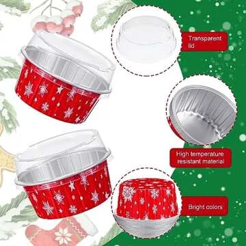 Umigy 100 Pcs Christmas Aluminum Foil Baking Cups with Lids 4.3oz Baking Liner Cups Xmas Disposable Ramekins Muffin Tins Cupcake Baking Pan Foil Cupcake Containers for Christmas Party (Snowflake)