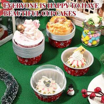 Umigy 100 Pcs Christmas Aluminum Foil Baking Cups with Lids 4.3oz Baking Liner Cups Xmas Disposable Ramekins Muffin Tins Cupcake Baking Pan Foil Cupcake Containers for Christmas Party (Snowflake)