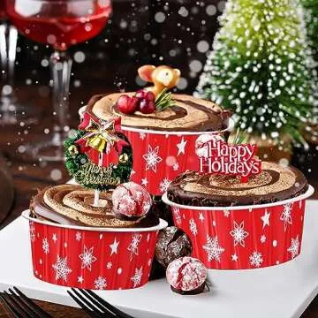 Umigy 100 Pcs Christmas Aluminum Foil Baking Cups with Lids 4.3oz Baking Liner Cups Xmas Disposable Ramekins Muffin Tins Cupcake Baking Pan Foil Cupcake Containers for Christmas Party (Snowflake)