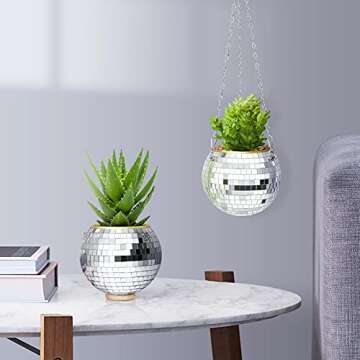 OtNiap Disco Ball Planter - with Hook and Wooden Stand for Desk,Hanging Planter Pot Plant Hanger for Home Decor, Boho Decor, Disco Ball Decor - 6 inch