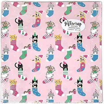 Stesha Party Pink Christmas Kitty Gift Wrapping Paper - Folded Flat 30 x 20 Inch - 3 Sheets
