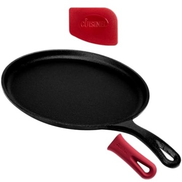 Cuisinel Cast Iron Round Griddle - 10.5" Crepe Maker Pan + Silicone Handle Cover - Pre-Seasoned Coma...