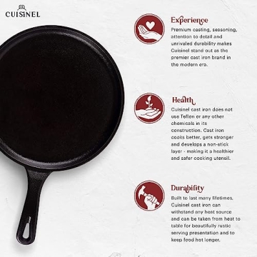 Cuisinel Cast Iron Round Griddle - 10.5" Crepe Maker Pan + Silicone Handle Cover - Pre-Seasoned Comal for Tortillas Flat Skillet - Dosa Tawa Roti Grill - Use: Oven, Stove, BBQ, Fire, Smoker, Induction