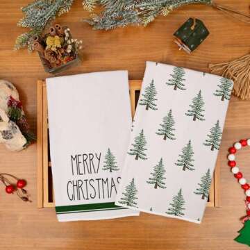 DineDia Merry Christmas Kitchen Towels Set of 2,Green Xmas Tree Snow Dish Hand Towels Holiday Home Indoor Bathroom Party Seasonal Noel Decorations DD051