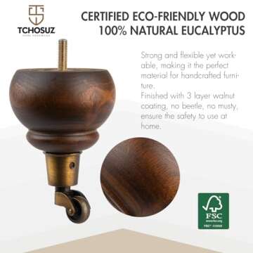 TCHOSUZ 6 inch / 14cm Wooden Furniture Legs with Casters Wheels, Pack of 4 Classic Glaze Solid Wood Round DIY Replacement Bun Feet for DIY Project Sofa Couch Ottoman Cabinet Bed Riser