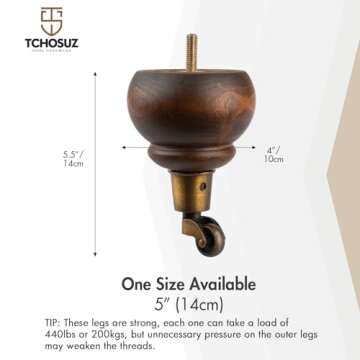 TCHOSUZ 6 inch / 14cm Wooden Furniture Legs with Casters Wheels, Pack of 4 Classic Glaze Solid Wood Round DIY Replacement Bun Feet for DIY Project Sofa Couch Ottoman Cabinet Bed Riser