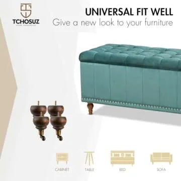 TCHOSUZ 6 inch / 14cm Wooden Furniture Legs with Casters Wheels, Pack of 4 Classic Glaze Solid Wood Round DIY Replacement Bun Feet for DIY Project Sofa Couch Ottoman Cabinet Bed Riser