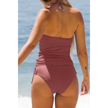 Beachsissi Women's Plum Red Halter Neck Tankini Set