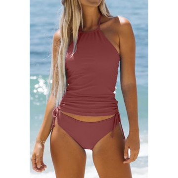 Beachsissi Women's Plum Red Halter Neck Tankini Set