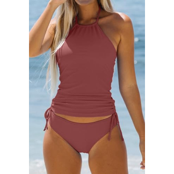 Beachsissi Women's Plum Red Halter Neck Tankini Set