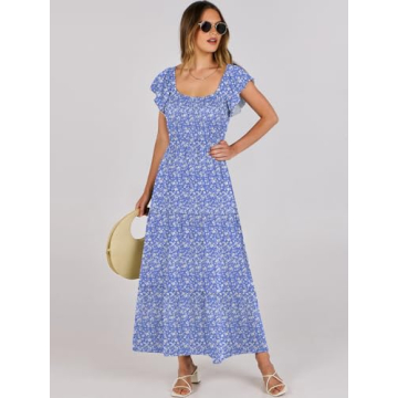 ANRABESS Floral Maxi Dress Summer Beach Flutter Sleeve
