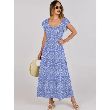 ANRABESS Floral Maxi Dress Summer Beach Flutter Sleeve