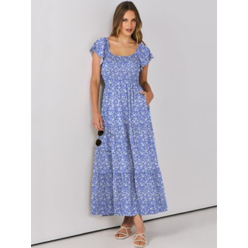 ANRABESS Floral Maxi Dress Summer Beach Flutter Sleeve