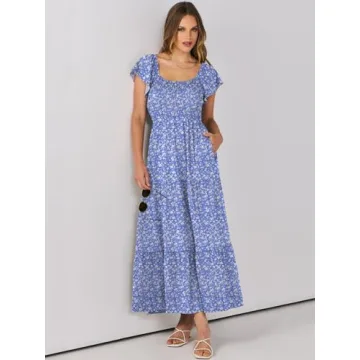 ANRABESS Floral Maxi Dress Summer Beach Flutter Sleeve
