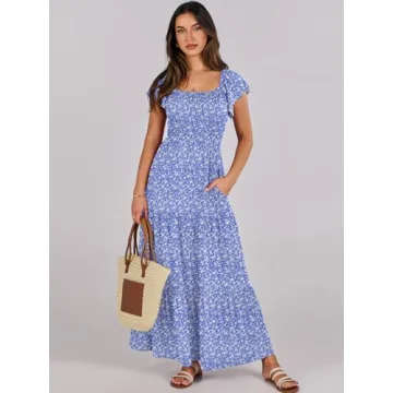 ANRABESS Floral Maxi Dress Summer Beach Flutter Sleeve