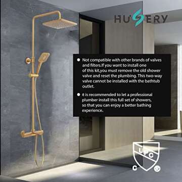 Shower Faucet Set, HUSERY Thermostatic Shower System with Tub Spout - 10 Inch Rain Shower Head and 3 Setting Handheld Spray Shower Head Set - Wall Mounted Bathroom Slide Bar Shower Mixer Set(Gold)