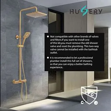 Shower Faucet Set, HUSERY Thermostatic Shower System with Tub Spout - 10 Inch Rain Shower Head and 3 Setting Handheld Spray Shower Head Set - Wall Mounted Bathroom Slide Bar Shower Mixer Set(Gold)