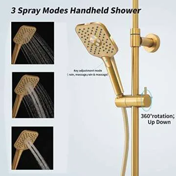 Shower Faucet Set, HUSERY Thermostatic Shower System with Tub Spout - 10 Inch Rain Shower Head and 3 Setting Handheld Spray Shower Head Set - Wall Mounted Bathroom Slide Bar Shower Mixer Set(Gold)
