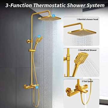 Shower Faucet Set, HUSERY Thermostatic Shower System with Tub Spout - 10 Inch Rain Shower Head and 3 Setting Handheld Spray Shower Head Set - Wall Mounted Bathroom Slide Bar Shower Mixer Set(Gold)