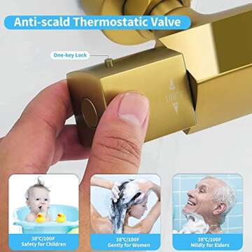 Shower Faucet Set, HUSERY Thermostatic Shower System with Tub Spout - 10 Inch Rain Shower Head and 3 Setting Handheld Spray Shower Head Set - Wall Mounted Bathroom Slide Bar Shower Mixer Set(Gold)