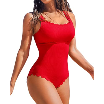 Charmo Women's Ribbed Scalloped One Piece Bathing Suits - Cute Retro Square Neck in Red