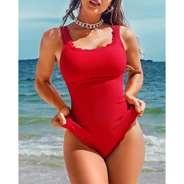 Charmo Women's Ribbed Scalloped One Piece Swimsuit - Red