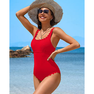 Charmo Women's Ribbed Scalloped One Piece Swimsuit - Red