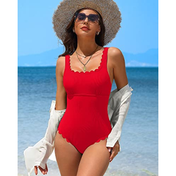 Charmo Women's Ribbed Scalloped One Piece Swimsuit - Red