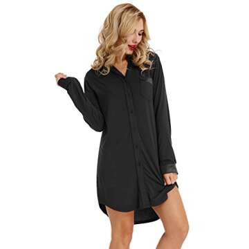 Zexxxy Women Black Button Down Nightshirt Soft Lightweight Slim Fit Sleep Tee M